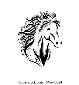 Stylized hand drawn horse portrait. ink graphic tribal horse head design in curls and doodles, perfect for logo or tattoo, tangle illustration. isolated on white background