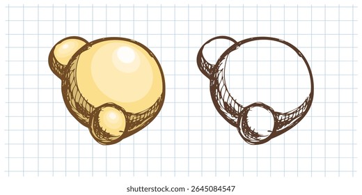 Ilustração estilizada desenhada à mão do modelo atômico em ambas as versões coloridas e monocromáticas. Estilo escolar vintage em fundo quadrado, adequado para projetos científicos e educacionais.