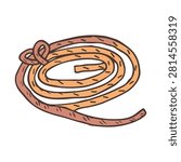 A stylized hand drawn illustration of a coiled brown rope featuring a knot isolated on a white background