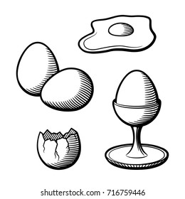 Stylized hand drawn illustration of eggs. Eggshell, eggcup, broken egg and yolk. Black and white vector image set