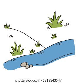 A stylized hand drawn illustration featuring a blue river stream flowing past small green grass patches and smooth grey pebbles on a white background