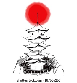 Stylized hand drawn illustration of Japanese Miyajima pagoda with red circle on background
