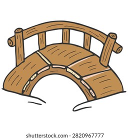 A stylized hand drawn illustration of a small wooden arched footbridge isolated on a white background.