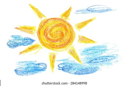Stylized hand drawn illustration of the sun with clouds.