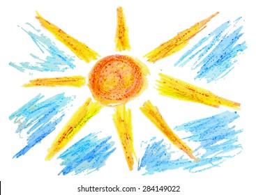 Stylized hand drawn illustration of the sun with clouds.