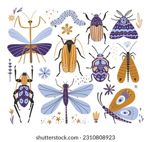 Stylized hand drawn insects set