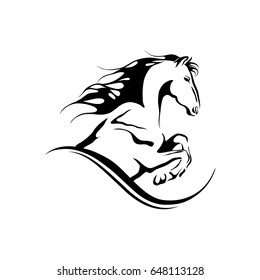 stylized hand drawn jumping horse black and white vector outline, doodle tribal style for tattoo, cards, ride.