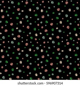 Stylized hand drawn little flowers. Vector flower miniprint seamless pattern in beige, neutral and green colors on a black background.