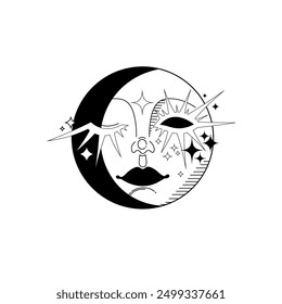 Stylized hand drawn moon face. Vector image