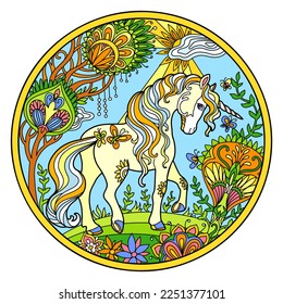 Stylized hand drawn multicolored summer unicorn with magic flowers vector illustration. Magic horse in doodle zentangle style. Lace pattern round shape. For puzzle, tattoo, design, print, jigsaw,decor