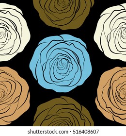 Stylized hand drawn neutral, brown and blue roses. Vector trendy seamless floral pattern.