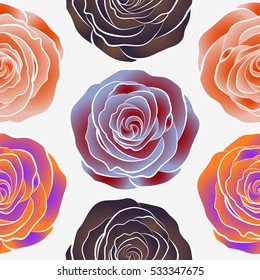 Stylized hand drawn neutral, violet and orange roses. Vector trendy seamless floral pattern.