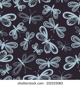 Stylized hand drawn night butterflies seamless pattern