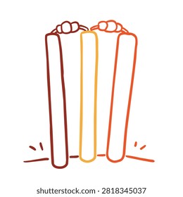A stylized hand drawn outline sketch of cricket stumps with bails resting on top isolated on a plain background
