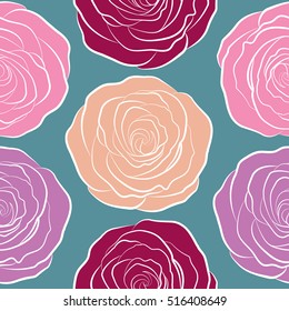 Stylized hand drawn pink, purple and violet roses. Vector trendy seamless floral pattern.