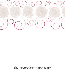 Stylized hand drawn red and neutral roses with copy space (place for your text). Vector trendy horizontal seamless floral pattern.