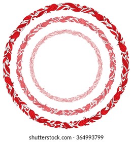 Stylized hand drawn red wreath with flowers. Round floral frame for your text.  An image of a set of flower design elements in a circular shape.