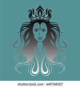 stylized hand drawn romantic portrait of young woman with crown in hair.head framed by tiara and curl wavy hair.Fantasy, magic, tattoo.amazing beauty oriental princess goddess in doodle tribal style