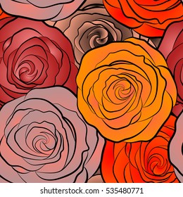 Stylized hand drawn roses. Vector trendy seamless floral pattern.