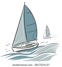 A stylized hand drawn sketch of two sailboats navigating through wavy ocean water