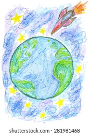 Stylized hand drawn style Earth planet with stars.