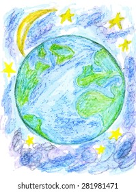 Stylized hand drawn style Earth planet with stars.