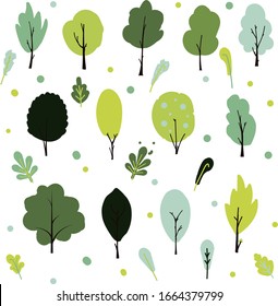 A stylized hand drawn trees and leaves set differetn shapes and colors