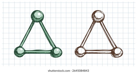 Estrutura molecular estilizada em triângulo desenhado à mão em estilo vintage. Inclui as versões verde e monocromática no plano de fundo do bloco de anotações quadrado. Ideal para materiais científicos e educacionais.