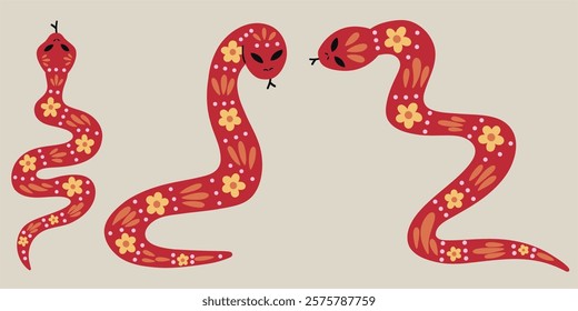 Stylized hand drawn vector illustrations of snakes with floral prints for Chinese New Year year of the snake zodiac animal.