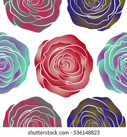 Stylized hand drawn violet, purple and red roses. Vector trendy seamless floral pattern.