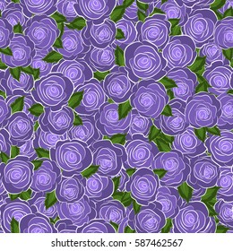 Stylized hand drawn violet roses and green leaves. Vector trendy seamless floral pattern.