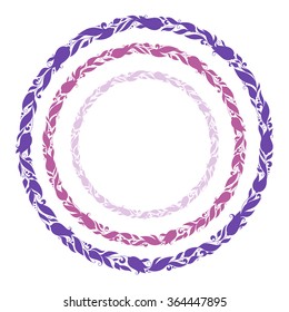 Stylized hand drawn violet wreath with flowers. Round floral frame for your text.  An image of a set of flower design elements in a circular shape.