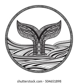 Stylized hand drawn whale tail in ocean waves, vector illustration, coloring book page for adults, round decorative element