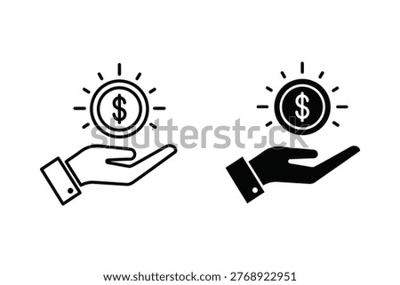 A stylized hand extends upwards, holding a shining dollar coin. This flat design vector graphic symbolizes financial concepts like investment, charity, or wealth, suitable for business and finance themes.