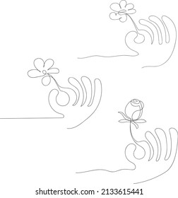 A stylized hand with a flower, a set of three different types. One line hand drawn style