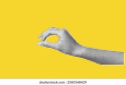 A stylized hand gesture depicted in black and white dots against a bright yellow background, symbolizing a small amount or precision.