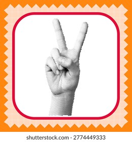 A stylized hand gesture forming a peace sign or victory symbol, created with a halftone dot pattern, isolated on a clean white background, vector style.