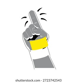 A stylized hand gesture with a pointing finger and yellow wristband