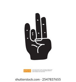 A stylized hand gesture with three fingers raised, possibly symbolizing peace or a greeting. The design is bold and minimalistic, suitable for graphic use.