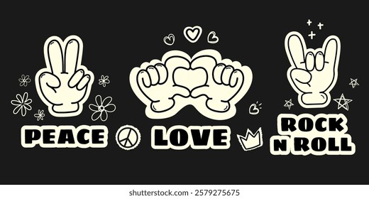 Stylized hand gestures representing peace, love, and rock 'n' roll with bold typography and Vintage doodle elements on a black background. Retro stickers, posters, music merch, vector graphic design 