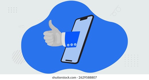 Uma mão estilizada dando uma miniatura emerge de uma tela de smartphone, colocada contra um fundo azul. O design é simples e moderno, representando feedback positivo do usuário ou aprovação de aplicativo.