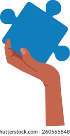 A stylized hand grasping a jigsaw puzzle piece in minimalist art style. An arm lifts a single puzzle segment with smooth lines and simple design. Cartoon vector illustration.