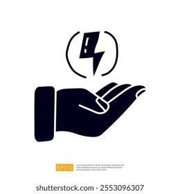 A stylized hand holding a lightning bolt icon, symbolizing energy or power. The design is simple and conveys a sense of electricity or charging.