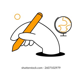 Stylized hand holding a pencil with a globe nearby, minimal flat style, white background. Concept of global education, learning, creativity. Vector illustration