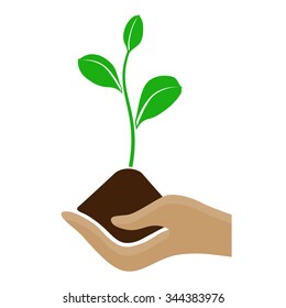 Stylized hand holding a pile of dirt and growing plant - isolated on white background. Vector illustration.