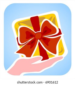 The stylized hand holds a yellow gift box with a red bow. Holiday illustration.