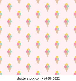 Stylized hand illustrated seamless vector ice cream cone pattern.  Hand drawn pastel pink, yellow and mint  summer icecream treat background.