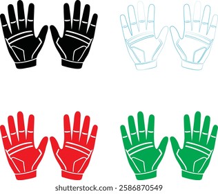 Stylized hand illustrations, symmetrical pairs of hands, palm outlines, geometric hand designs, colorful hand icons, simplified hand shapes, flat graphic style, black white red green color palette, mi