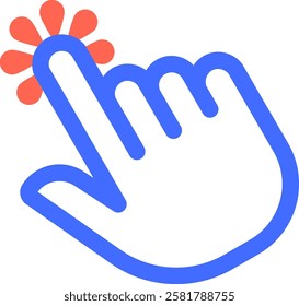 Stylized hand with index finger extended, touching a circular button, symbolizing activation, selection, or interaction with a digital interface