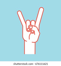 Stylized hand with index and little finger up in form of horns. Vector illustration on a blue background. Making rock-n-roll sign by hand. Orange lines and white silhouette.